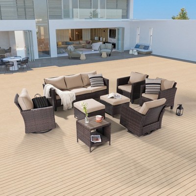 Sonkuki 8-Piece Patio Conversation Set with Swivel Rocking Chair and Side Table, Navy Blue Cushion