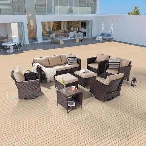 Sonkuki 8-Piece Patio Conversation Set with Swivel Rocking Chair and Side Table, Navy Blue Cushion - 1 of 4