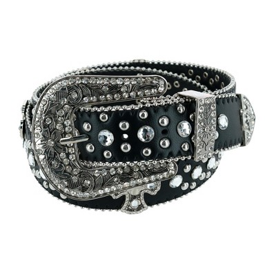 Womens Western Belt Double Buckle - Black Rhinestones 32 / 80 cm - Black