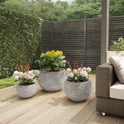 Fiber Clay Planters - 3-Piece Varying Height Textured Pot Set - Rounded Bottom and Drainage Holes for Herbs, Plants, or Flowers by Pure Garden (Gray)