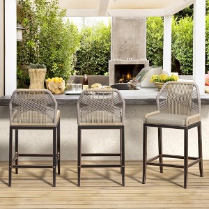 Arceso Outdoor Bar Stools, Rattan Outdoor Counter Height Bar Stools Set of 3, 26.5" H Woven Rope Patio Bar Chairs with Aluminum Legs for Kitchen - 1 of 4