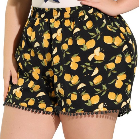 Agnes Orinda Women's Plus Size Shorts Floral Straight Slash Pocket Lace  Trim Elastic Waist Pants Black 3X