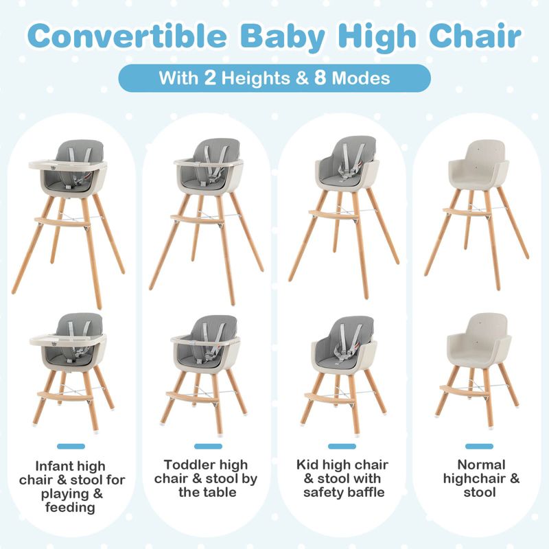 Babyjoy 3 in 1 Convertible Wooden High Chair Toddler Feeding Chair with Cushion Gray/Beige/Yellow/Pink/Dark Grey/Black, 5 of 11