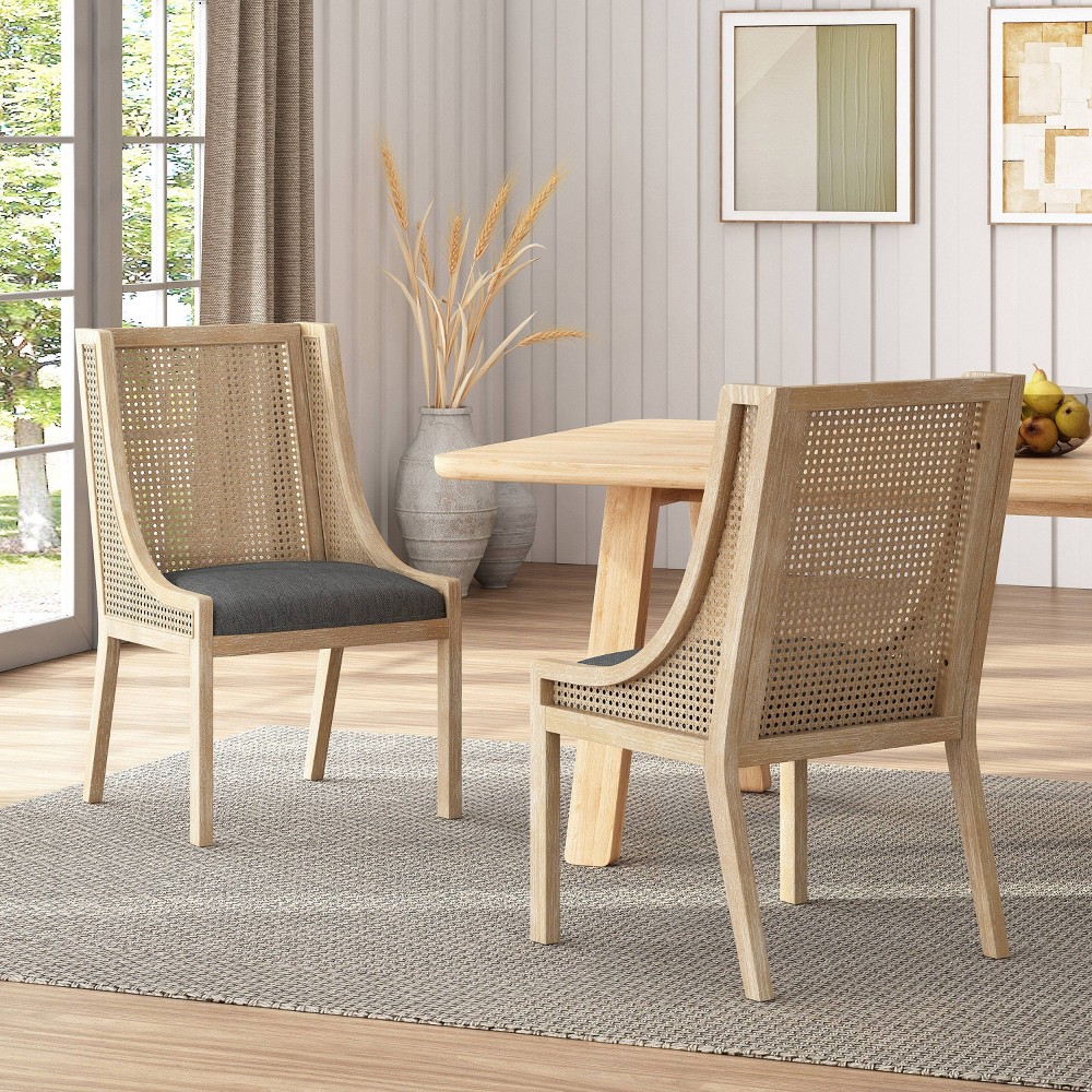 Christopher Knight Home Set of 2 Maurers Cane and Wood Upholstered Dining Chairs Charcoal/Natural