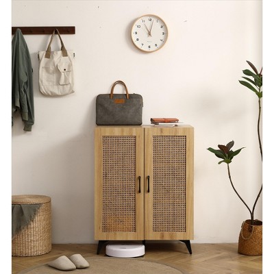 Vynxaria Elegant Rattan Mesh Double-Door Shoe Storage Cabinet - 29.5 Inches