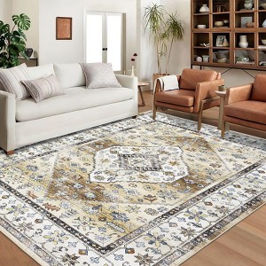 Vintage Oriental 8x10 Area Rugs for Living Room - Machine Washable Non-Slip Distressed Medallion Rug in Yellow (Stain Resistant, Foldable, Low Pile) - 1 of 4