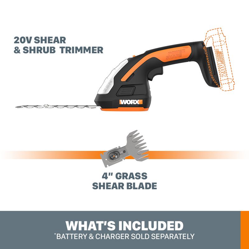 Worx WG801.9 20V Power Share 4" Cordless Shear and 8" Shrubber Trimmer (Tool Only), 3 of 9