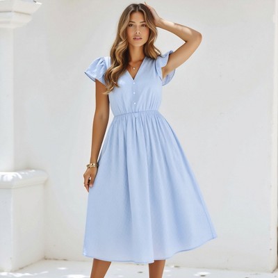 Knit & Lounge Women’s V-Neck Button Front Flutter Sleeve Elastic Waist Midi Dress Lightweight Textured Fabric