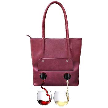 PortoVino Double Pour Vegan Leather Tote Bag with Hidden Insulated Flask Compartment and Dispenser, Red
