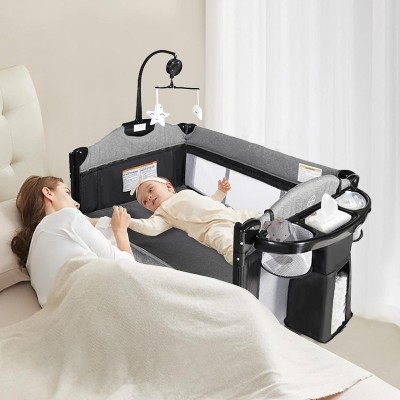 Kinder King 4-in-1 Portable Nursery Center and Bedside Crib with Bassinet, Changing Table, Storage Basket, Side Zipper & Travel Bag