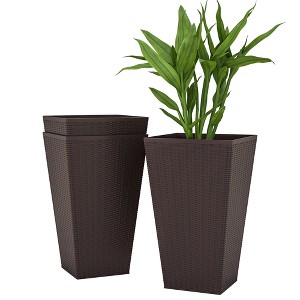 Aghana Digitals 3-Piece Rattan-Style 24" Tall Planters, Brown PP Plastic Indoor/Outdoor Flower Pots - 1 of 4