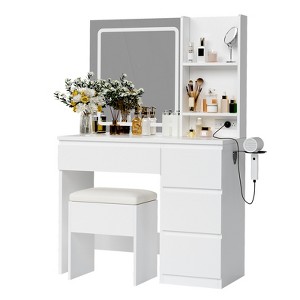 Vanity Desk with LED Mirror - Makeup Vanity Desk with 4 Drawers, Power Outlets, Storage Stool, Storage Shelves, and Hair Dryer Holder - 1 of 4