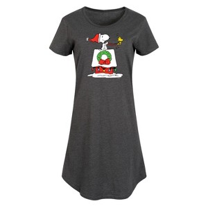 Women's Peanuts Snoopy and Woodstock House Sleigh Graphic T-shirt Dress - Heather Charcoal - Medium - 1 of 4