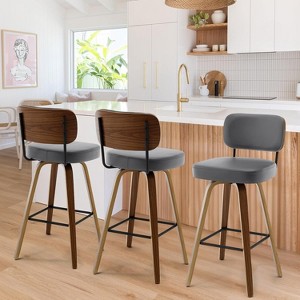 Bekrvio 26"/29" Mid-Century Modern Swivel Bar Stools Set of 1/2/3/4- Faux Leather Upholstered with Back and Bent Wood Legs,Ideal for Kitchen Island - 1 of 4