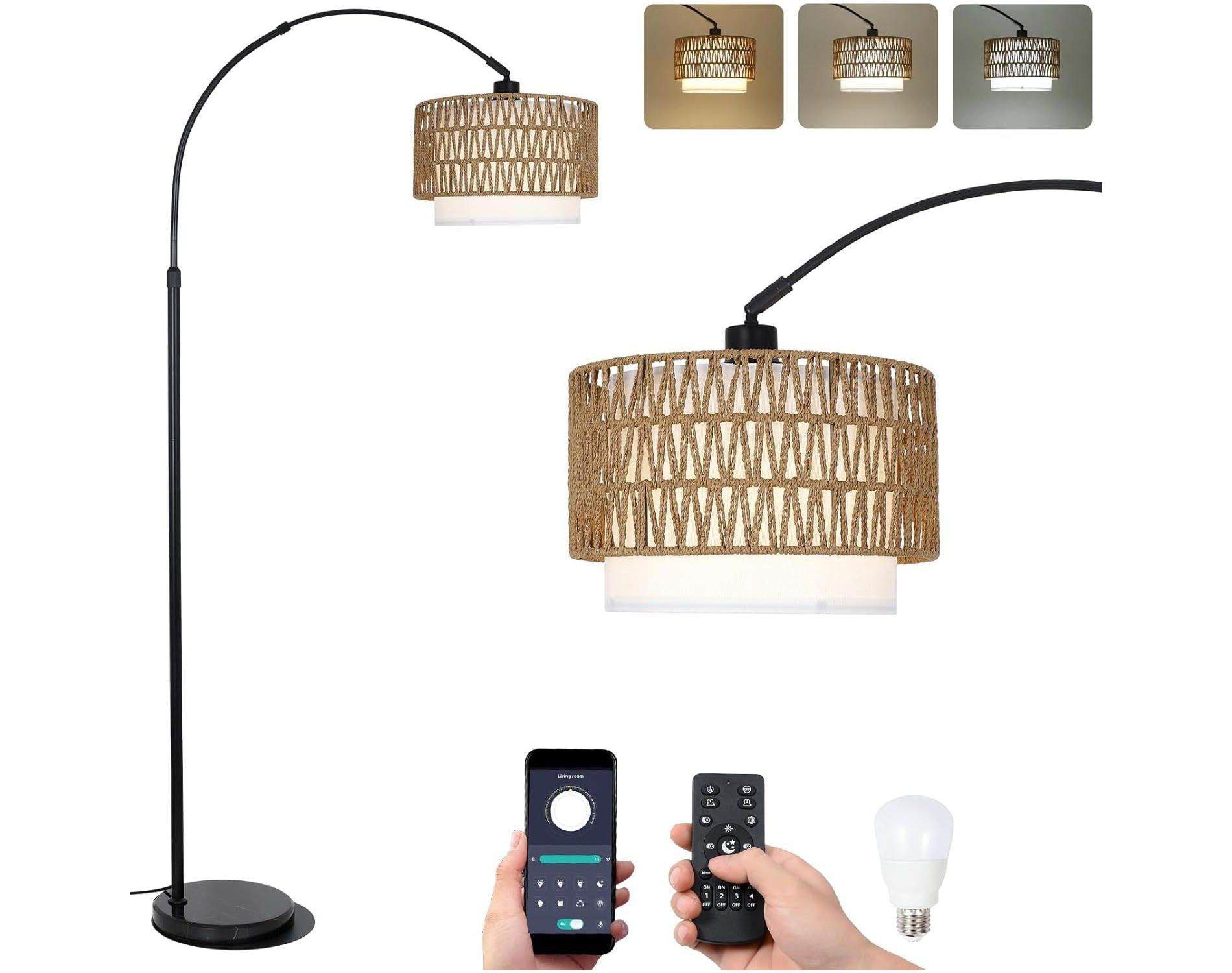 Modern Arc Floor Lamp with Remote Control and Dimmable LED Bulb, Height Adjustable with Fabric and Rattan Lampshades for Living Room and Bedroom
