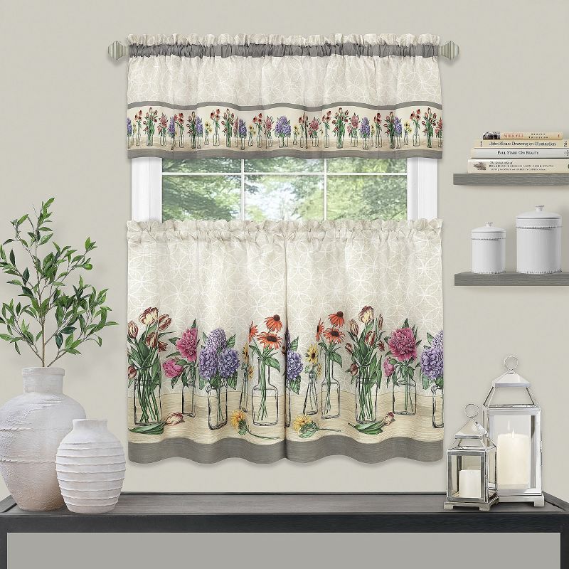 Kate Aurora 3 Piece Gardenia Florals Rod Pocket Kitchen Curtain Tier & Valance Set, 1 of 9