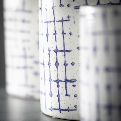 Sand White and Indigo Ceramic Hatch Patterned Pot Set of 3