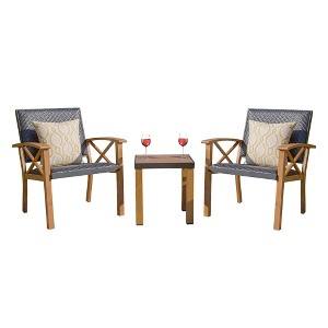 DOMETOUR 3-Piece Patio Bistro Set: Wood Grain Aluminum Wicker Chairs & Coffee Table, Beige Sunbrella Cushions (1 Table + 2 Chairs) - 1 of 4