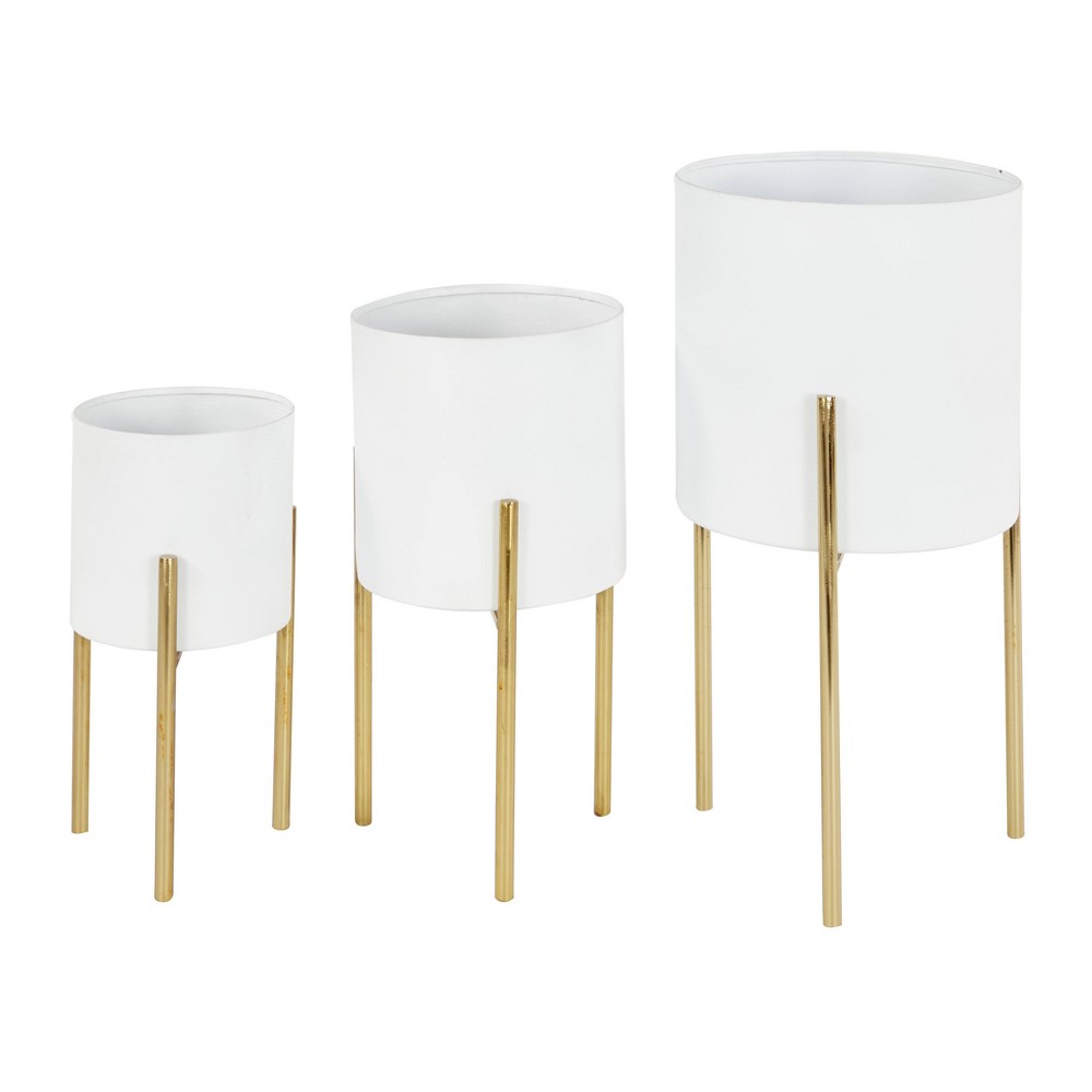Photos - Flower Pot Set of 3 Contemporary Metal Planters in Stands White/Gold - Olivia & May