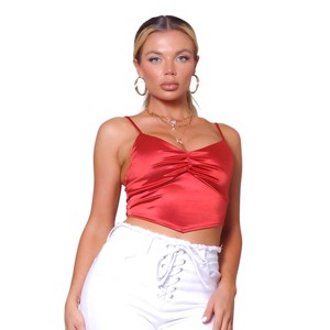 Slickblue Women's Ruched Scarf Front Cami Top, Spaghetti Straps, V Neck, Stretch Fabric, Black/Rust, Size S-L - 1 of 4