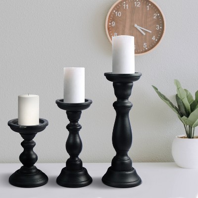 Mela Artisans Matte Black Candle Holders for Pillar Candles (Set of 3) Rustic Wooden Candle Holders Pillar 6", 9", 12"