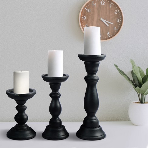 Mela Artisans Matte Black Candle Holders for Pillar Candles (Set of 3) Rustic Wooden Candle Holders Pillar 6", 9", 12" - image 1 of 4