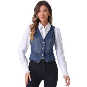INSPIRE CHIC Women's Denim Sleeveless V Neck Button Down Casual Waistcoat Vest - 1 of 4