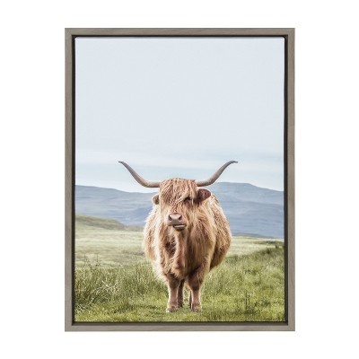 Kate and Laurel Sylvie Highland Cow Mountain Landscape Framed Canvas by The Creative Bunch Studio, 18x24, Gray