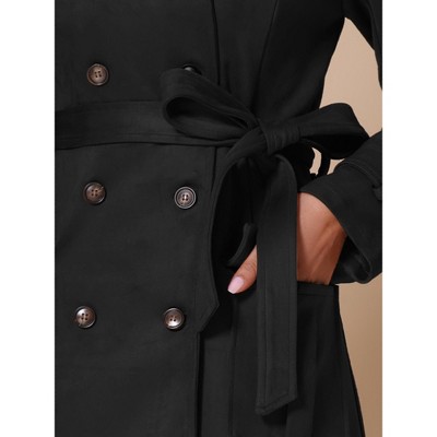 INSPIRE CHIC Women's Faux Suede Notched Lapel Double Breasted Belted Long Sleeve Trench Coat Medium Black — фото 4