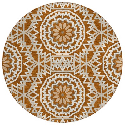 Orange Copper And Beige Floral Medallion Washable Indoor Outdoor Area Rug