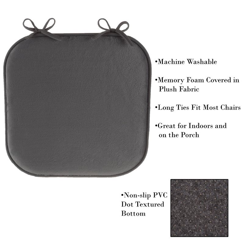 Lavish Home Memory Foam Cushion 16x16.25 Plush Chair Pad with Ties and PVC Dot Backing for Kitchen, Dining Room, or Porch, 3 of 9