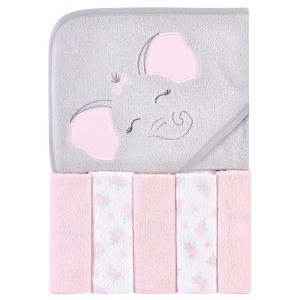 Hudson Baby Infant Girl Hooded Towel and Five Washcloths, Pink Elephant, One Size - 1 of 2