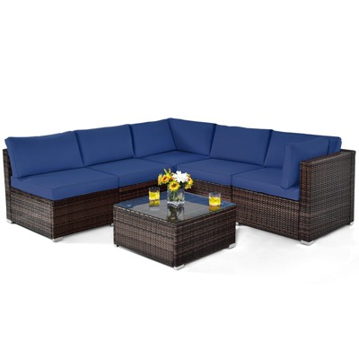 Tangkula 6PCS Wicker Patio Sectional Conversation Furniture Set with Coffee Table & Seat Cushions Navy/Black/Turquoise/Red