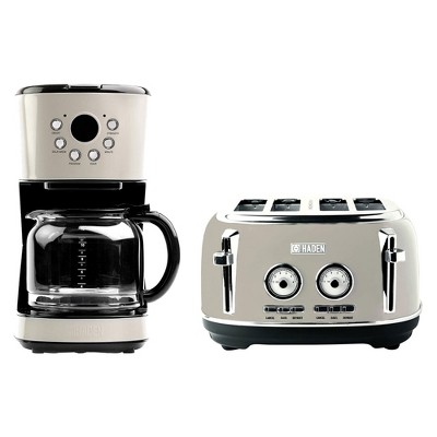Haden 12 Cup Programmable Drip Coffee Maker Coffee Machine Bundled with Dorset 4 Slice Wide Slot Stainless Steel Toaster, Putty & Chrome