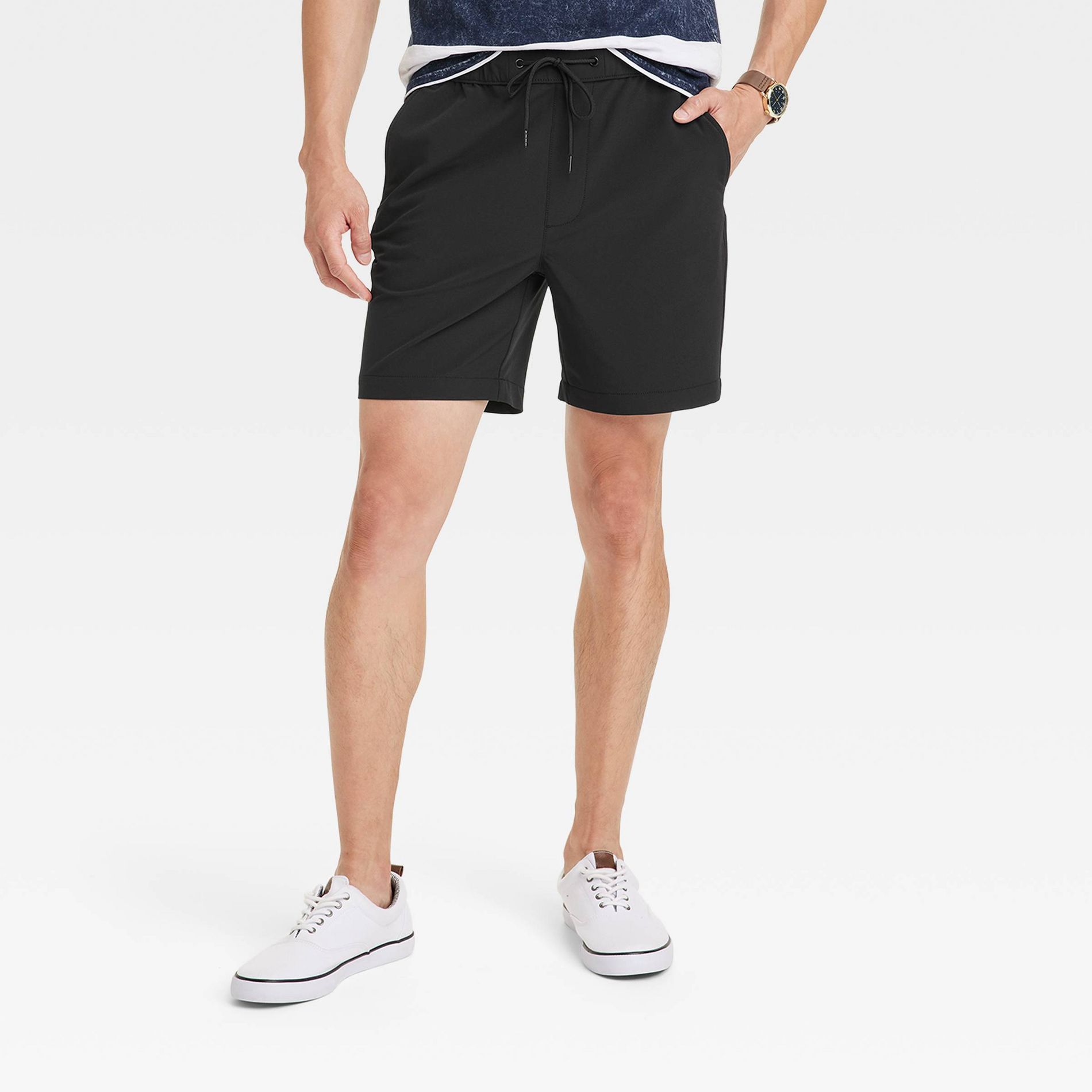 Men's 7" Woven Tech E-Waist Pull-On Shorts - Goodfellow & Co™ Black XS: Recycled Polyester, Mid Rise