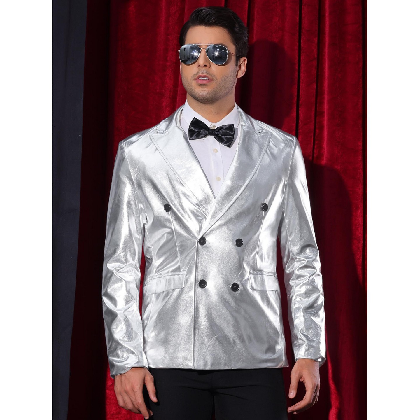 Мужской пиджак Lars Amadeus Peak Lapel Double-Breasted Party Disco Sparkly Metallic Blazer Silver, цвет: Серебряный — фото 2