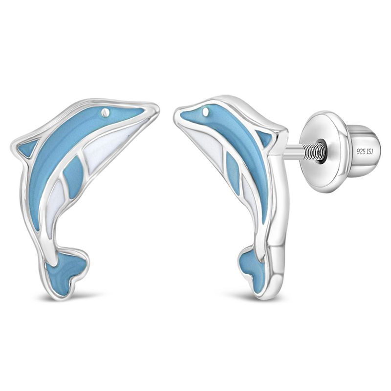 Girls' Enamel Leaping Dolphin Screw Back Sterling Silver Earrings - Blue - In Season Jewelry, 1 of 7