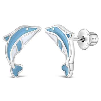 Girls' Enamel Leaping Dolphin Screw Back Sterling Silver Earrings - Blue - In Season Jewelry