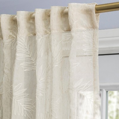 Oatmeal Sheer Leaf Embroidered Rod Pocket Back Tab Curtain Panel