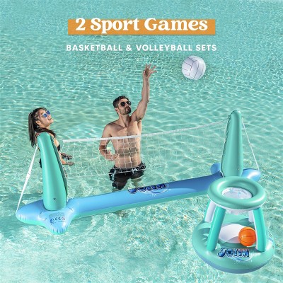 Large Blue Inflatable Pool Float Set with Volleyball Net and Basketball Hoops