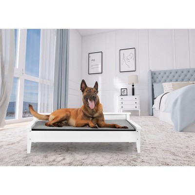 Large White Wooden Elevated Orthopedic Pet Bed with Water-Resistant Mattress