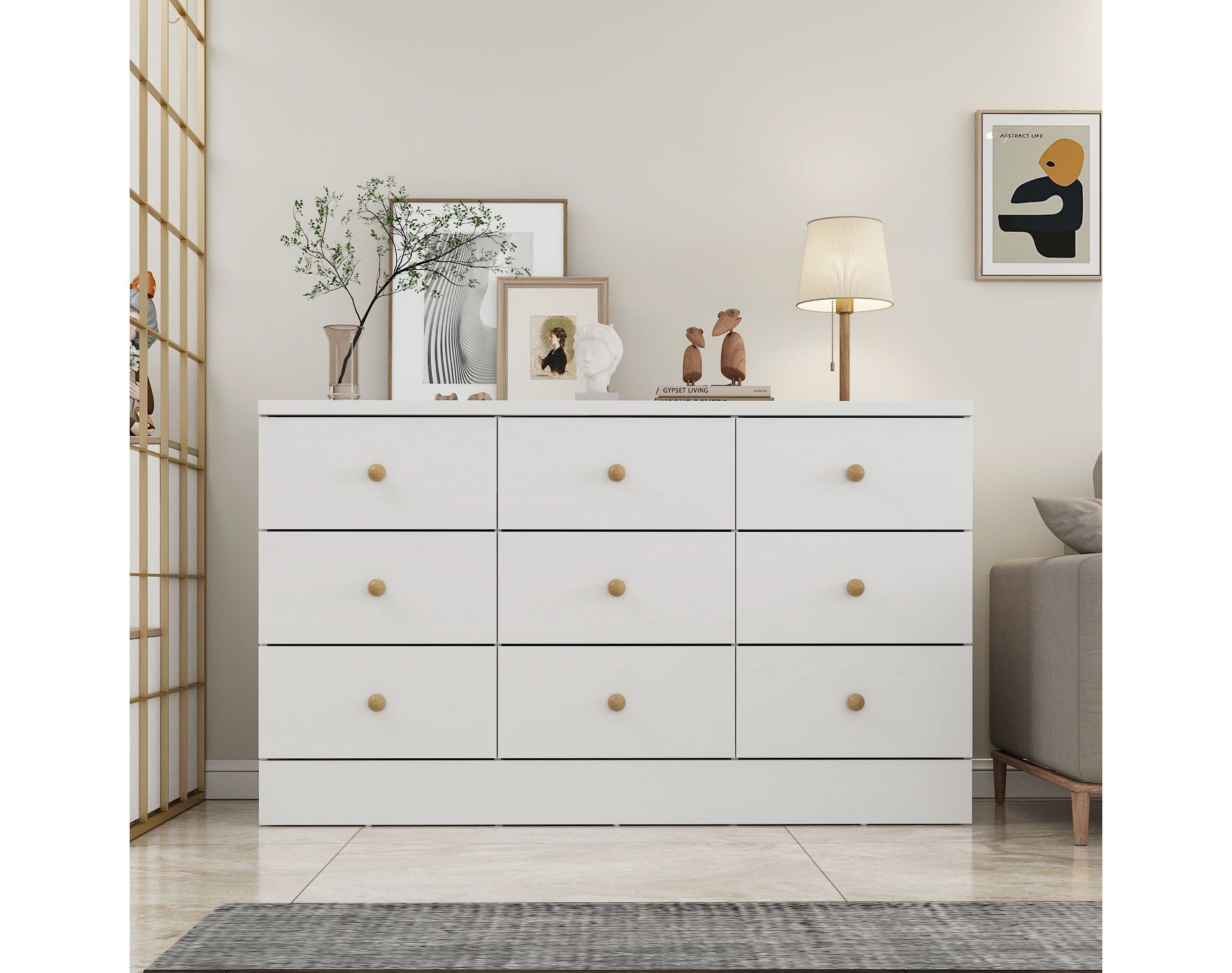 Famapy White 9 Drawer Dresser Woodgrain Finish Ball Pulls Storage Cabinet