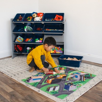 Gray and Navy Kids' Toy Storage Organizer with 16 Bins