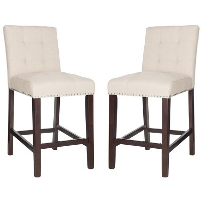 Beige Tufted Linen Transitional Counter Stool with Chrome Accents, Set of 2