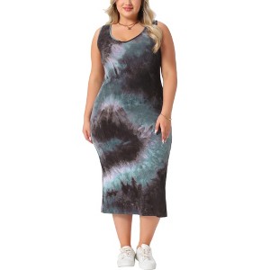 Agnes Orinda Women's Plus Size Side Slits Bodycon Sleeveless Tie Dye Midi Dress - 1 of 4