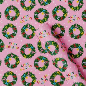 30” 20 sq ft Christmas Roll Wrap Happy Holidays and Wreaths on Pink - Wondershop™ - 1 of 3