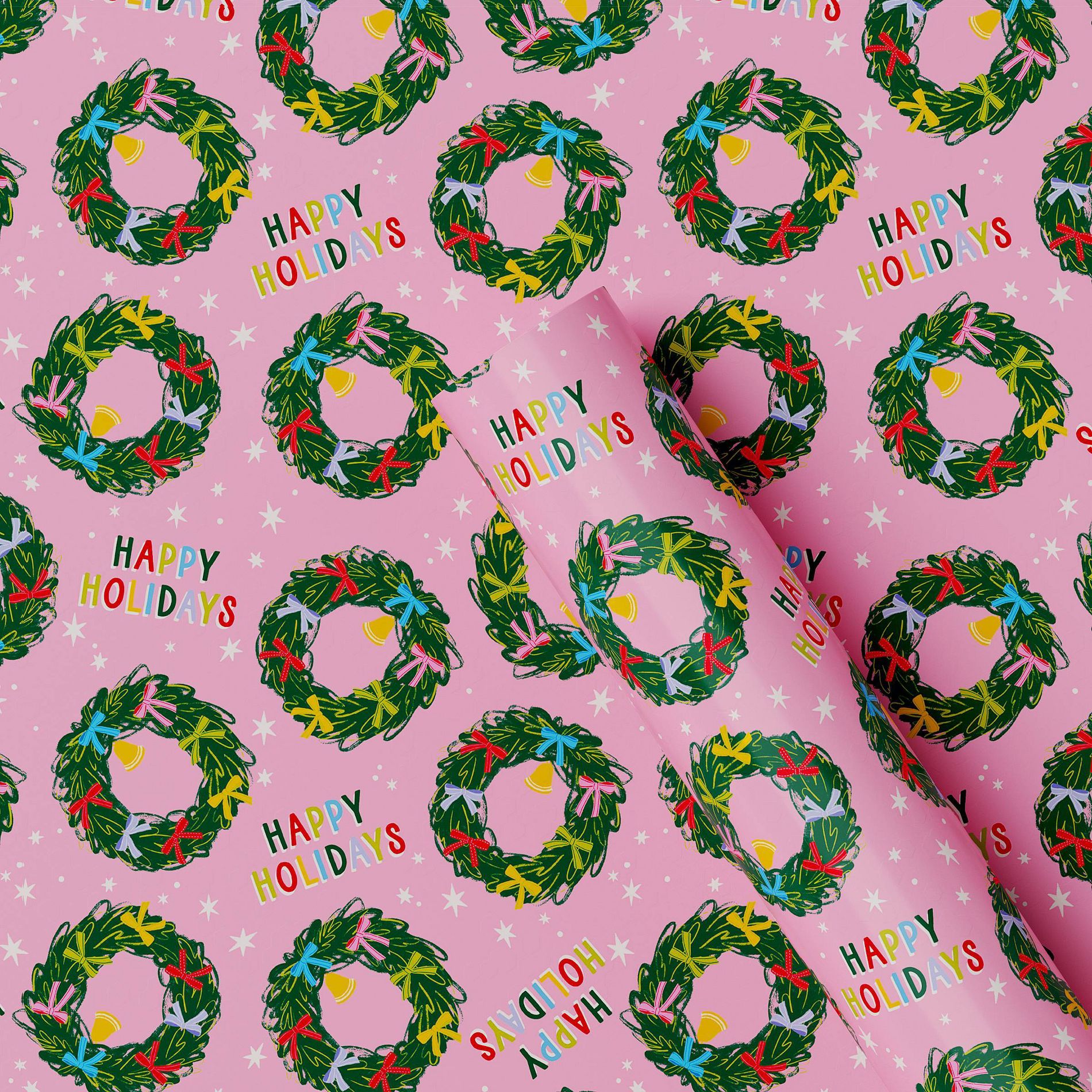 30” 20 sq ft Christmas Roll Wrap Happy Holidays and Wreaths on Pink - Wondershop™