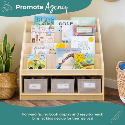 Natural Wooden Kids Book and Bin Display with Fabric Bins