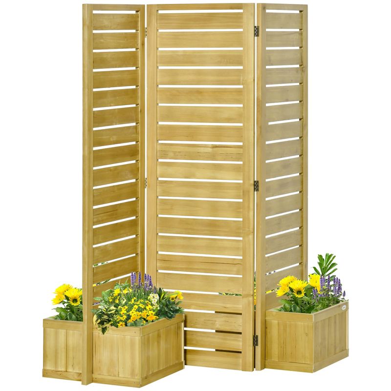 Outsunny Privacy Screen with 4 Wooden Planter Box, Flower Pot Vegetable Raised Garden Bed w/ 3 Panels and Drainage Holes for Patio, Balcony, 1 of 7