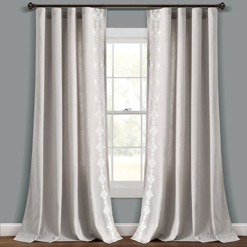 Luxury Modern Geo Linen Like Embroidery Border Window Curtain Panel Light Gray Single 52X84, 2 of 6